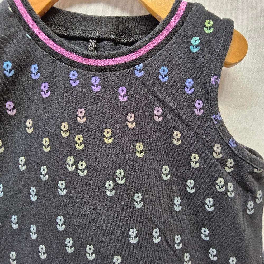 Deux par Deux Floral Tank Dress Kids 5 Black Rainbow Pockets‎ Tulle Trim F30-L91